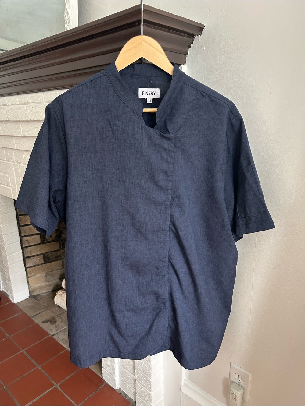 Finery Navy Short-Sleeve Mandarin Collar Shirt Size M oversized